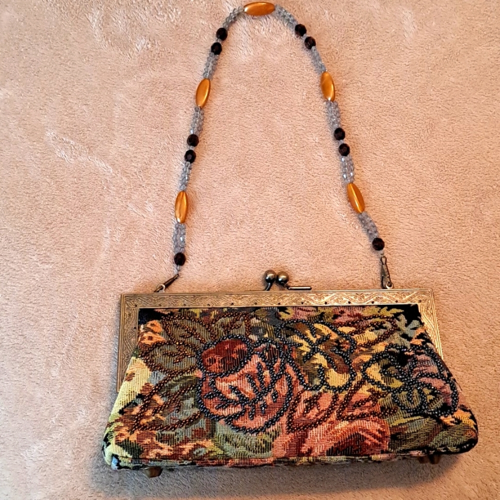 Retro Design Beaded Brocade Bag - Removable Beaded Strap